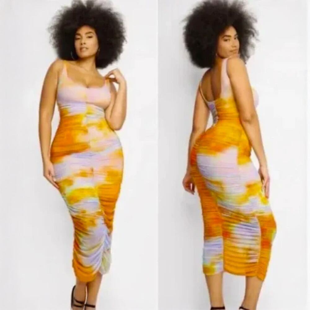 Shapellx Womens Ruched Shirred Compression Bodycon Maxi Dress Orange Tie Dye NWT